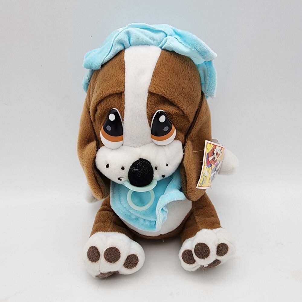 Vintage Nanco Sad Sam Brown Hound Puppy Dog Plush Toy 8" Bib Bonnet Pacifier